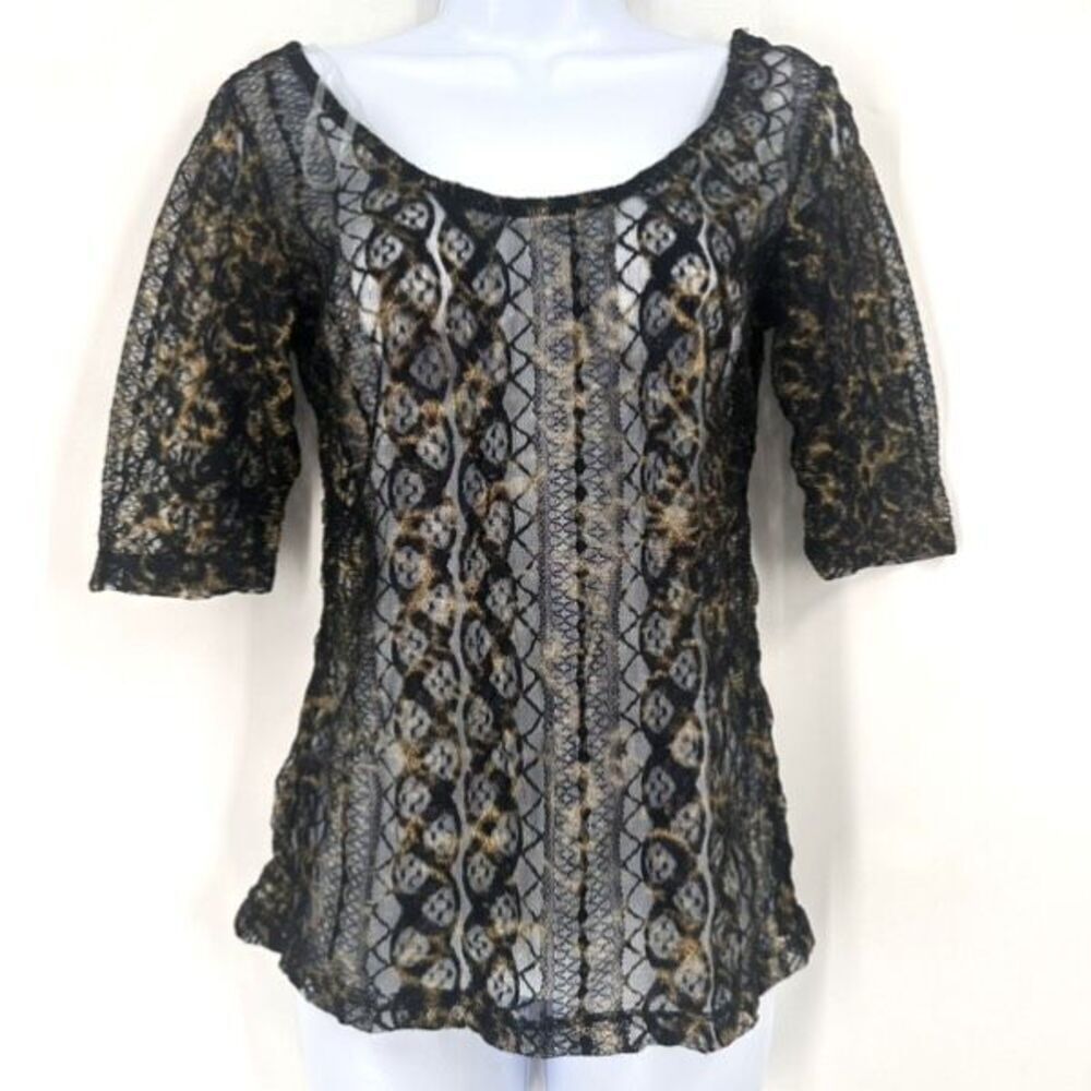 NWT H.I.P Goth Punk‎ Women's Sheer Lace Top Black Gold Size M Rock Vamp Baddie